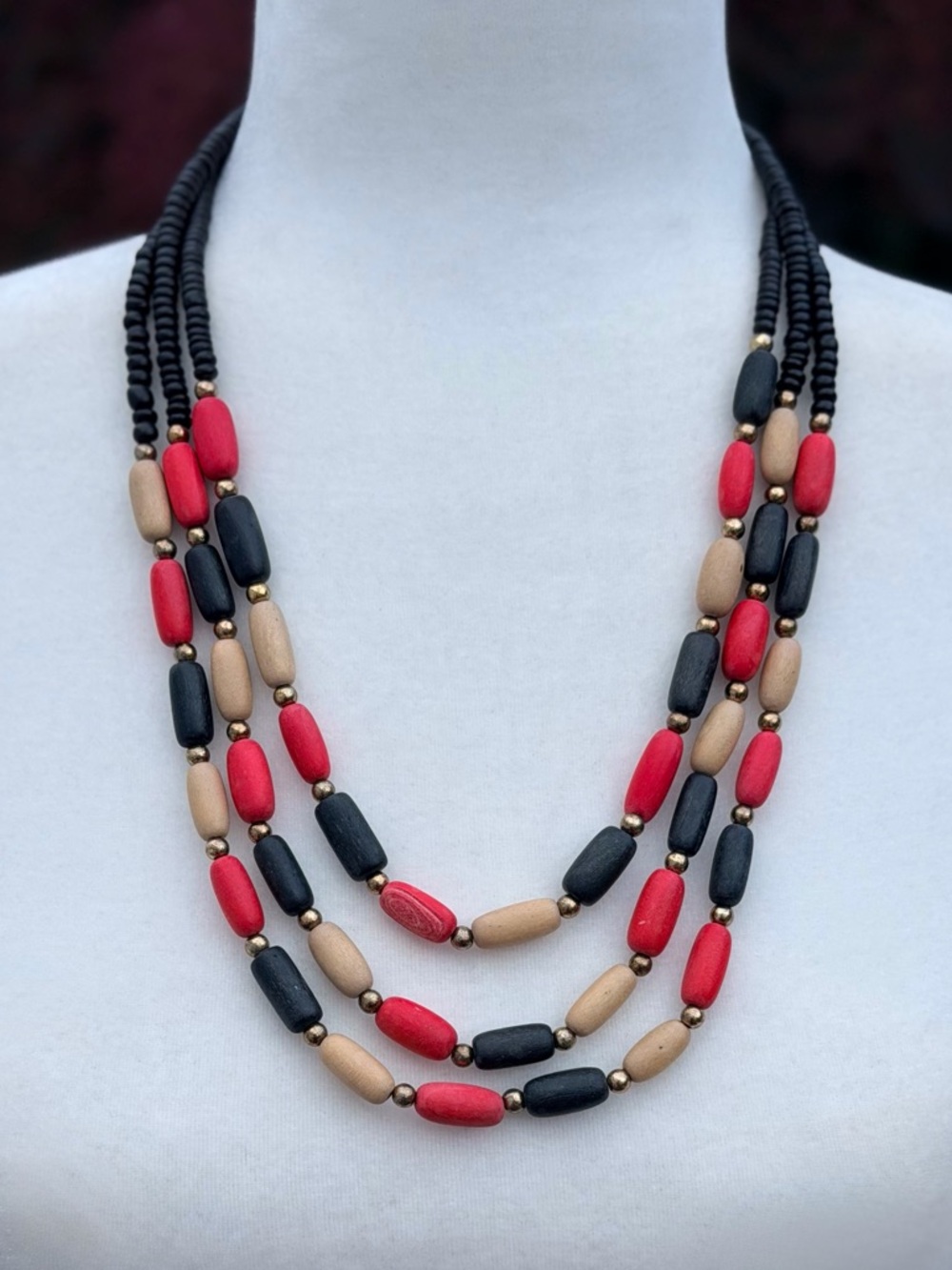Three-Strand Coral Red, Black, and Natural Tan Wood Bead 22” Necklace